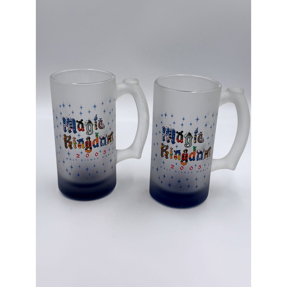 Vintage 2005 Walt Disney World Magic Kingdom Frosted Glass Mug Set 2 Excellent